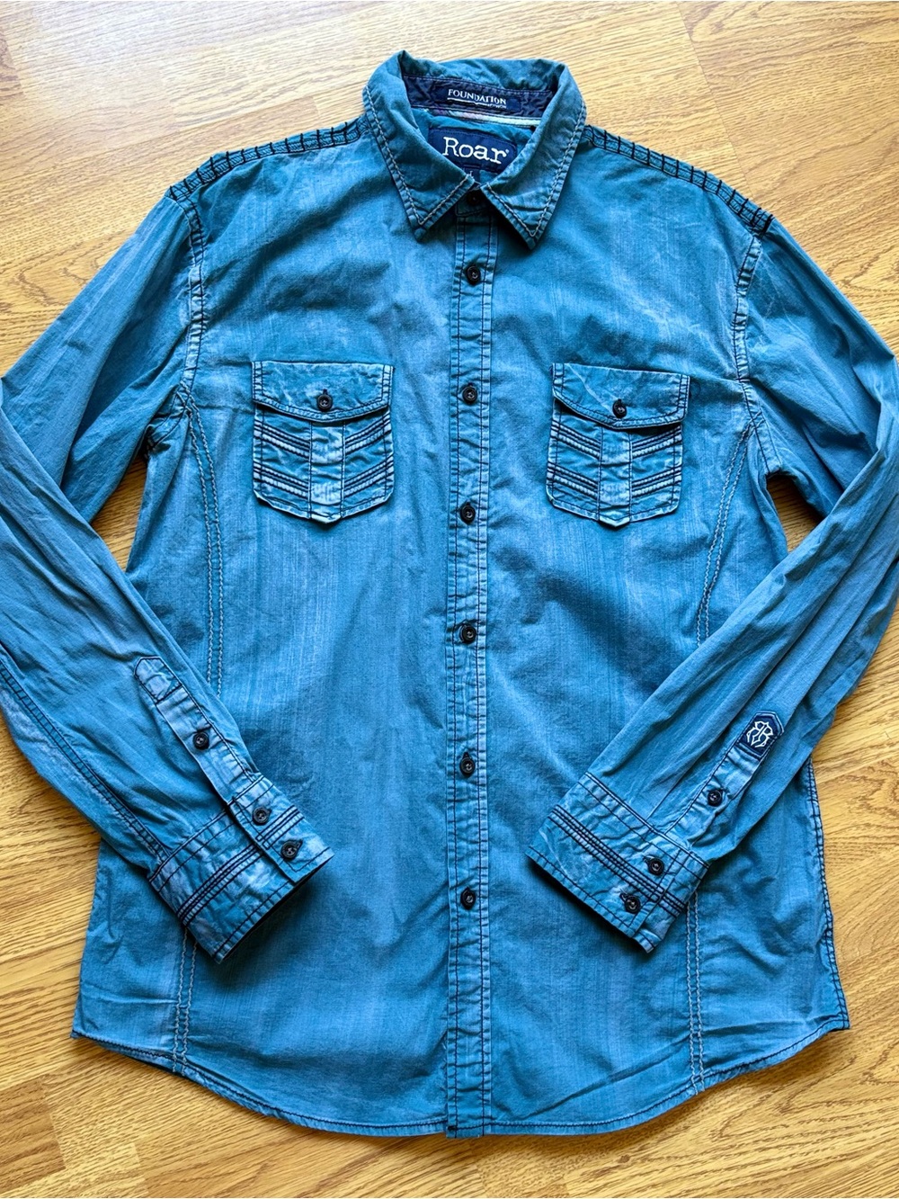 Roar Blue Green Denim Long Sleeve Button-Down Shirt Pocket Western Sz L